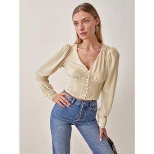 Reformation Henning Velour Velvet Cream Long Sleeve Open Back V-Neck Crop Top